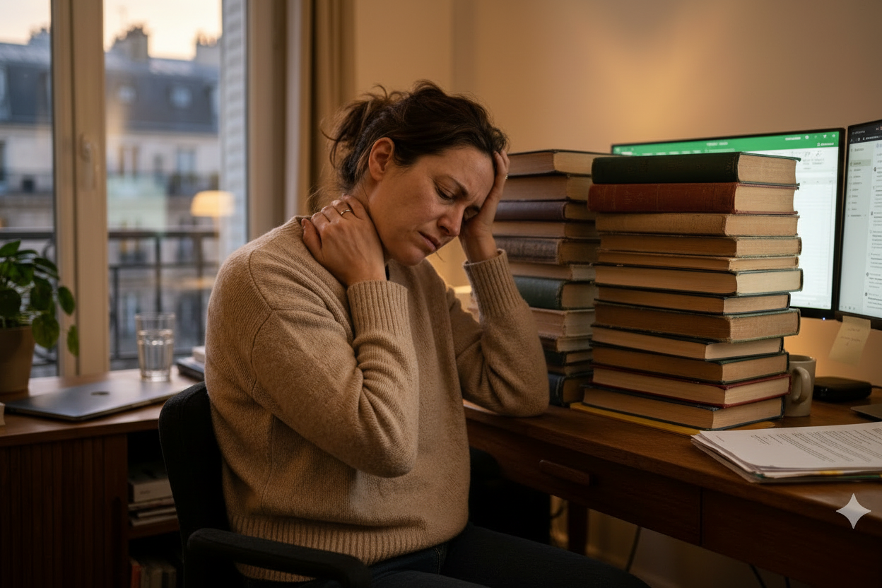 Femme avec douleur cervicale au bureau Image